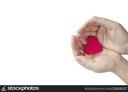 Human hands holding a red hearth. Woman hands isolated on white background Top view. Valentine concept. Valentines Day, romantic Holiday copy space space for text. Human hands holding a red hearth. Woman hands isolated on white background Top view. Valentine concept. Valentines Day, romantic Holiday copy space