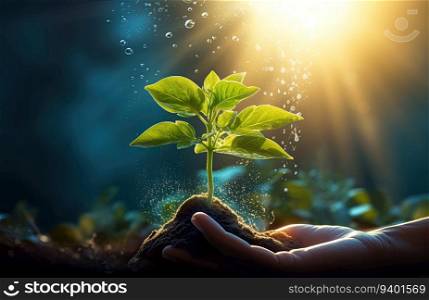 Human hands holding green seedling growing out of soil. Ecology concept