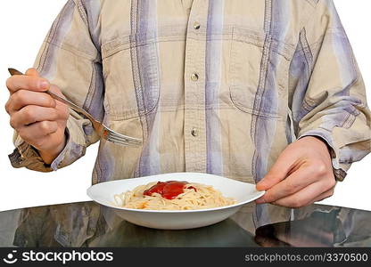 Human hands with fork and spaghetti isolated on white