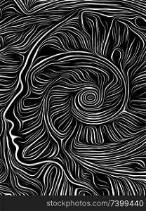 Human head integrated in black and white woodcut pattern. On subject of the mind, consciousness, reason and human drama. Black and White Poetry series.