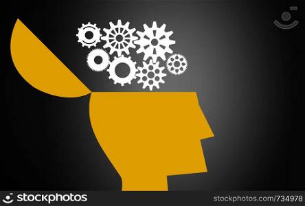 Human head profile silhouette with gears, 3D rendering