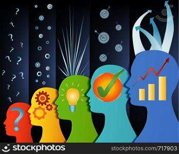 Human head series isolated profile - problem - analysis - inspiration - idea - approval - solution and success. Problem solution concept with symbols and signs. Strategy concept. Blue background