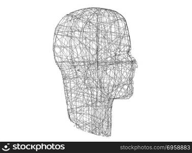 Human head. Wireframe model with connection lines on white, 3d i. Human head. Wireframe model with connection lines on white, 3d illustration. Human head. Wireframe model with connection lines on white, 3d illustration