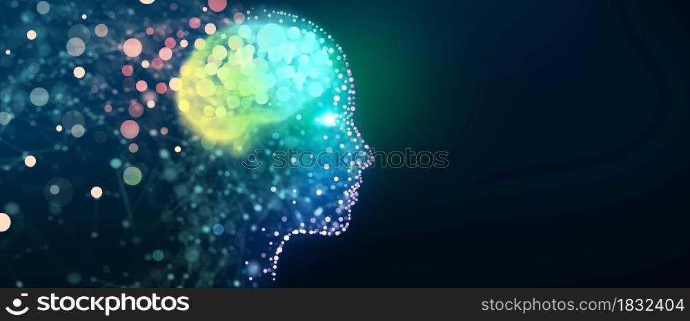 Human head with a luminous brain network. Digital brain, Analysis information, Cyber mind, Deep and Machine learning, Consciousness, Artificial intelligence, Technology background concept.