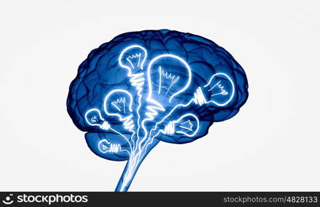 Human head with business ideas. Conceptual background image with human brain on white backdrop