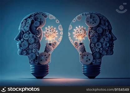 Human heads made of gears with light bulb shape. Generative AI