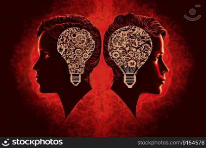 Human heads made of gears with light bulb shape. Generative AI