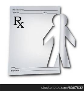 Human health medical symbol as a prescription note cutout out of the paper shaped as a patient doctor or pharmacist as a medication solution icon with 3D illustration elements on a white background.