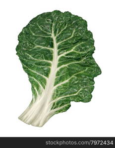 Human healthy diet concept with a dark green leafy kale or collard leaf in the shape of a head as a symbol of fresh vegetable eating and intelligent dieting using farm fresh natural organic produce from the local market.