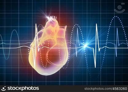 Human heart beats. Virtual image of human heart with cardiogram