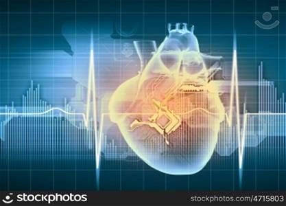 Human heart beats. Virtual image of human heart with cardiogram