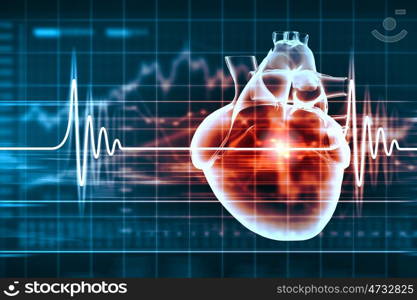 Human heart beats. Virtual image of human heart with cardiogram