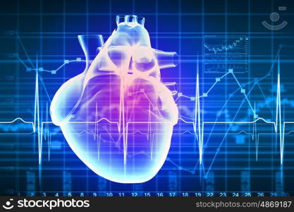 Human heart beats. Virtual image of human heart with cardiogram