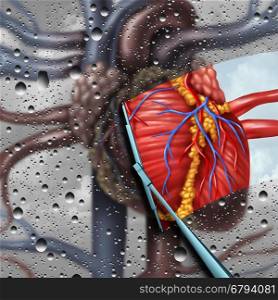 Human heart disease therapy as a cardiac health and cardiovascular medical concept with a wiper wiping clean and removing a sick blurry organ as a cure and treatment symbol for cardiologist or surgeon with 3D illustration elements.
