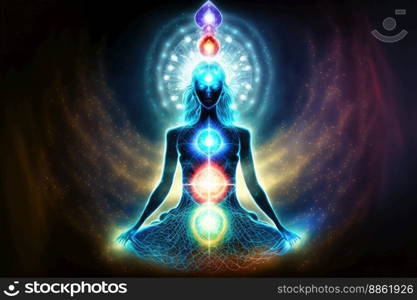 Human inner energy chakra meditation of mind body and soul. Peculiar AI generative image.. Human inner energy chakra meditation of mind body and soul