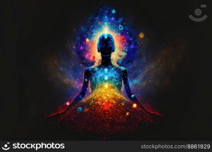 Human inner energy chakra meditation of mind body and soul. Peculiar AI generative image.. Human inner energy chakra meditation of mind body and soul