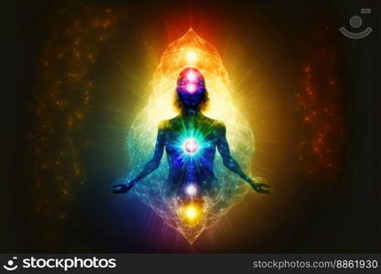 Human inner energy chakra meditation of mind body and soul. Peculiar AI generative image.. Human inner energy chakra meditation of mind body and soul