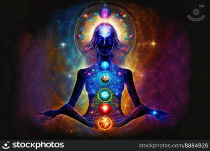 Human inner energy chakra meditation of mind body and soul. Peculiar AI generative image.. Human inner energy chakra meditation of mind body and soul