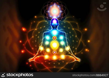 Human inner energy chakra meditation of mind body and soul. Peculiar AI generative image.. Human inner energy chakra meditation of mind body and soul