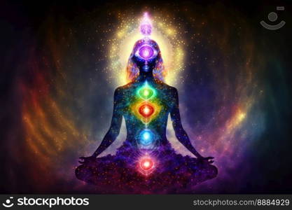 Human inner energy chakra meditation of mind body and soul. Peculiar AI generative image.. Human inner energy chakra meditation of mind body and soul