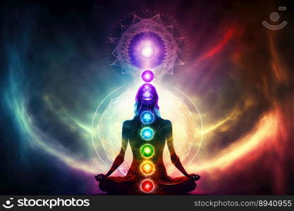 Human inner energy chakra meditation of mind body and soul. Peculiar AI generative image.. Human inner energy chakra meditation of mind body and soul