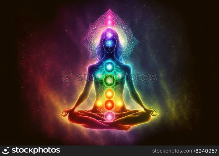 Human inner energy chakra meditation of mind body and soul. Peculiar AI generative image.. Human inner energy chakra meditation of mind body and soul