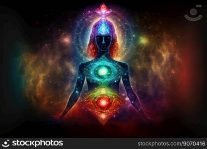 Human inner energy chakra meditation of mind body and soul. Peculiar AI generative image.. Human inner energy chakra meditation of mind body and soul