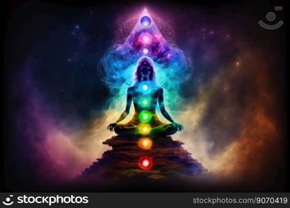 Human inner energy chakra meditation of mind body and soul. Peculiar AI generative image.. Human inner energy chakra meditation of mind body and soul