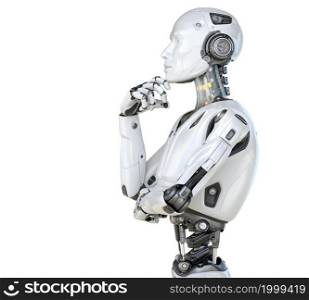 Human like a robot in a pensive posture. Isolated. 3D illustration. Human like a robot in a pensive posture