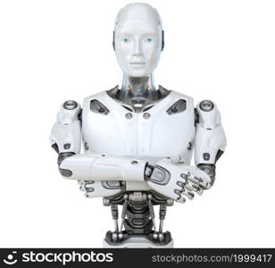 Human like a robot with crossed arms. Isolated. 3D illustration. Human like a robot with crossed arms