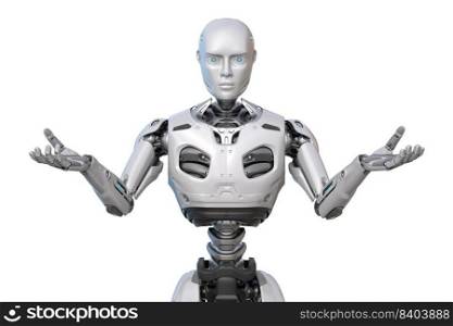 Human like robot spreading his arms. Isolated. 3D illustration. Human like robot spreading his arms