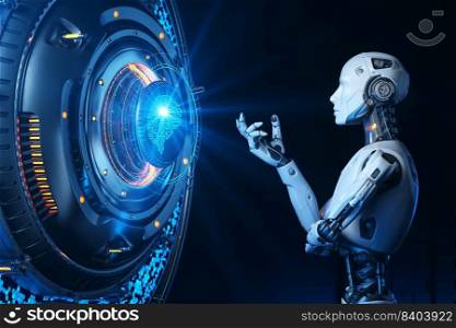 Human like robot talking to artificial intelligence. Concept. 3D illustration. Human like robot talking to artificial intelligence