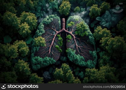 Human lungs made with fresh green plant leaves and herbs in forest, digital illustration painting, Generative AI