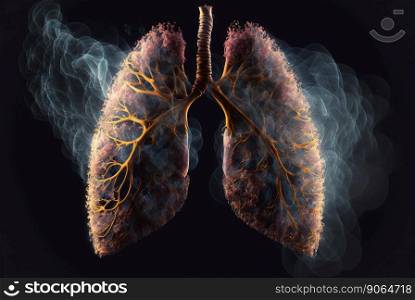 Human lungs with smoke. Tobacco harm concept. Generative AI.. Human lungs with smoke. Tobacco harm concept. Generative AI