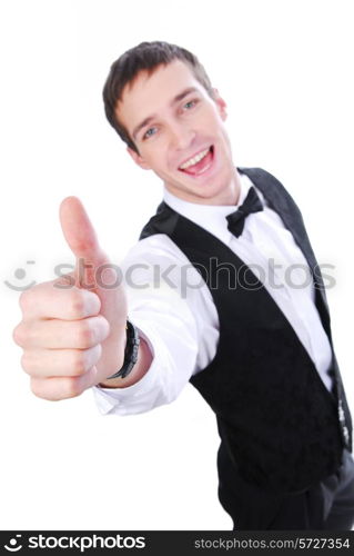 human male waiter showing sign okay - on a white background