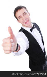 human male waiter showing sign okay - on a white background