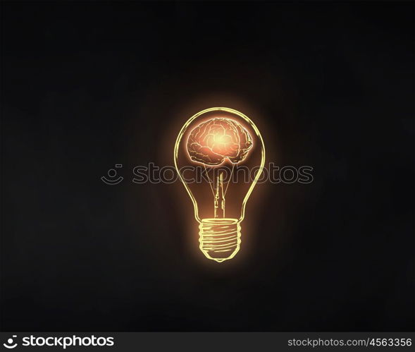 Human mind. Human brain glowing inside of light bulb on dark background