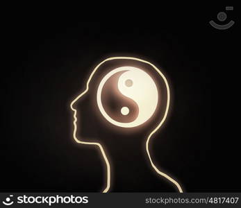 Human mind. Human head with yin yang icon on dark background