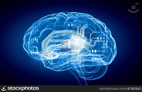 Human mind. Science image with human brain on blue background