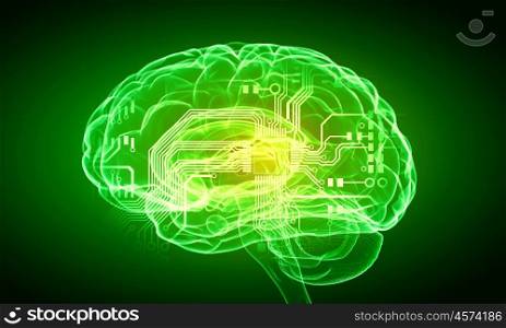 Human mind. Science image with human brain on green background
