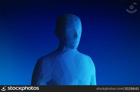 Human model on blue background in technology concept, artificial. Human model on blue background in technology concept, artificial intelligence, 3d illustration. Human model on blue background in technology concept, artificial intelligence, 3d illustration