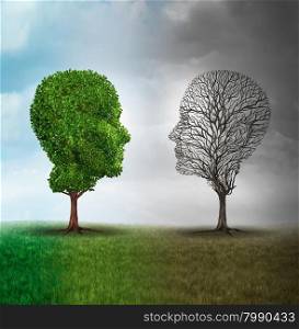 Human mood and emotion disorder concept as a tree shaped as two human faces with one half full of leaves and the opposite side empty branches as a medical metaphor for psychological contrast in feelings.