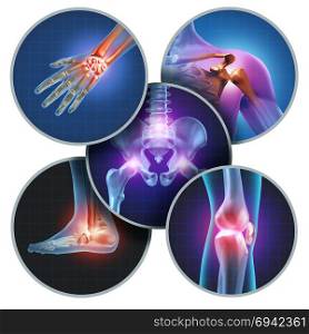 Human painful joints concept with the skeleton anatomy of the body with a group of sores with glowing joint pain and injury or arthritis illness symbol for health care and medical symptoms.