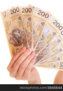 Human palm business woman hand holding polish currency money banknote. Finance savings concept.