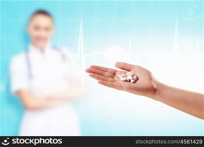Human palm with pills. Close-up image of human palm with pills. Medicine concept