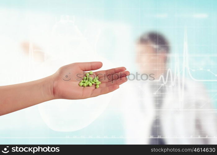Human palm with pills. Close-up image of human palm with pills. Medicine concept