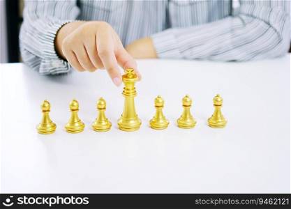 Human resources concept career management with clasped hands planning strategy with chess figures