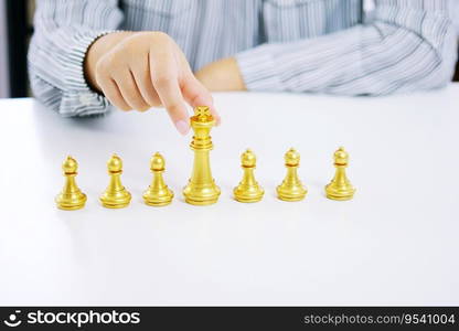 Human resources concept career management with clasped hands planning strategy with chess figures