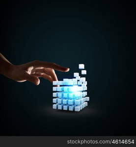Human Resources concept. Person hand touching with finger magic glowing cube