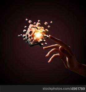 Human Resources concept. Person hand touching with finger magic glowing cube